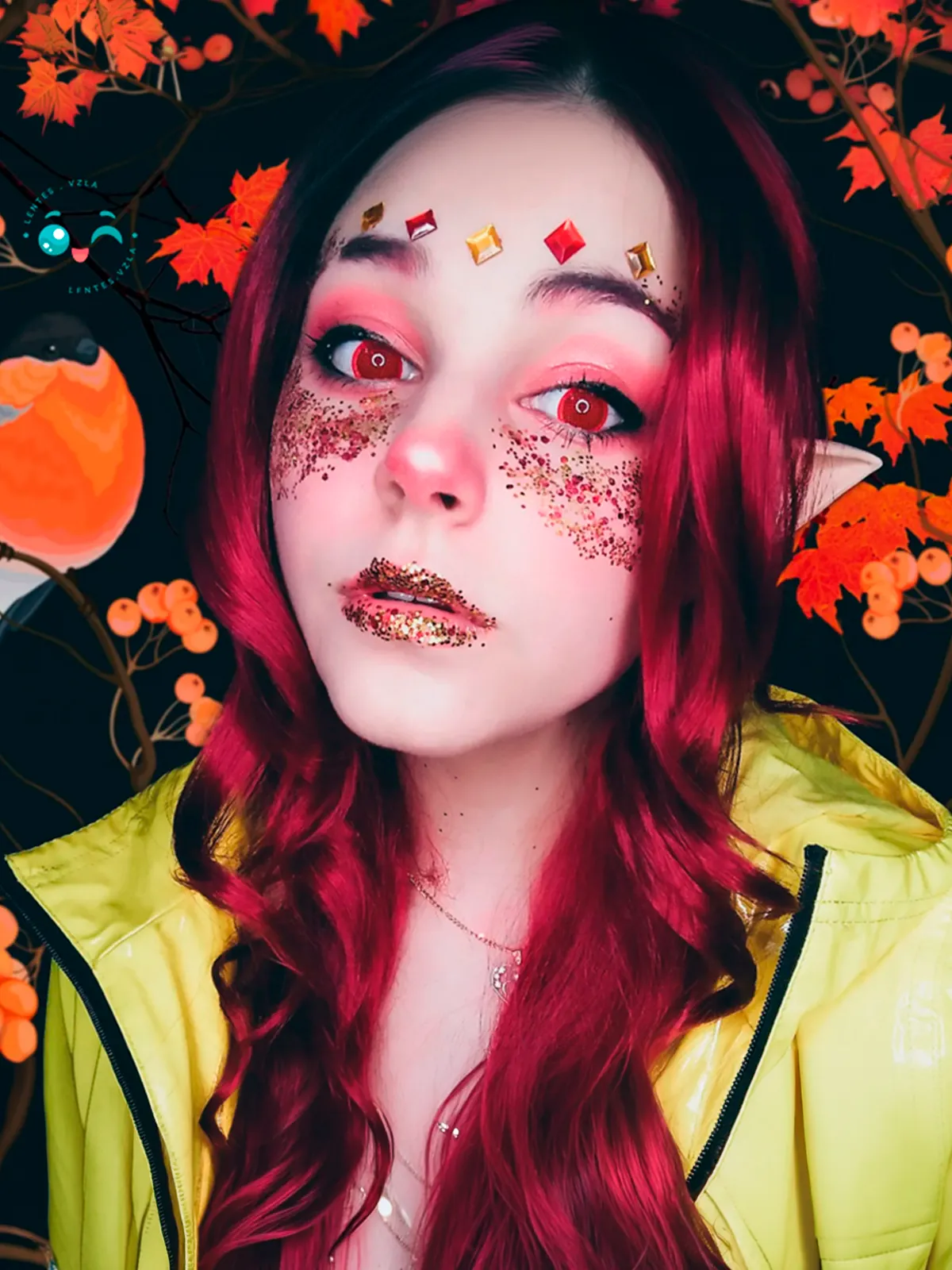 Modelo con lentes de contacto rojos Red Mesh y maquillaje de Halloween